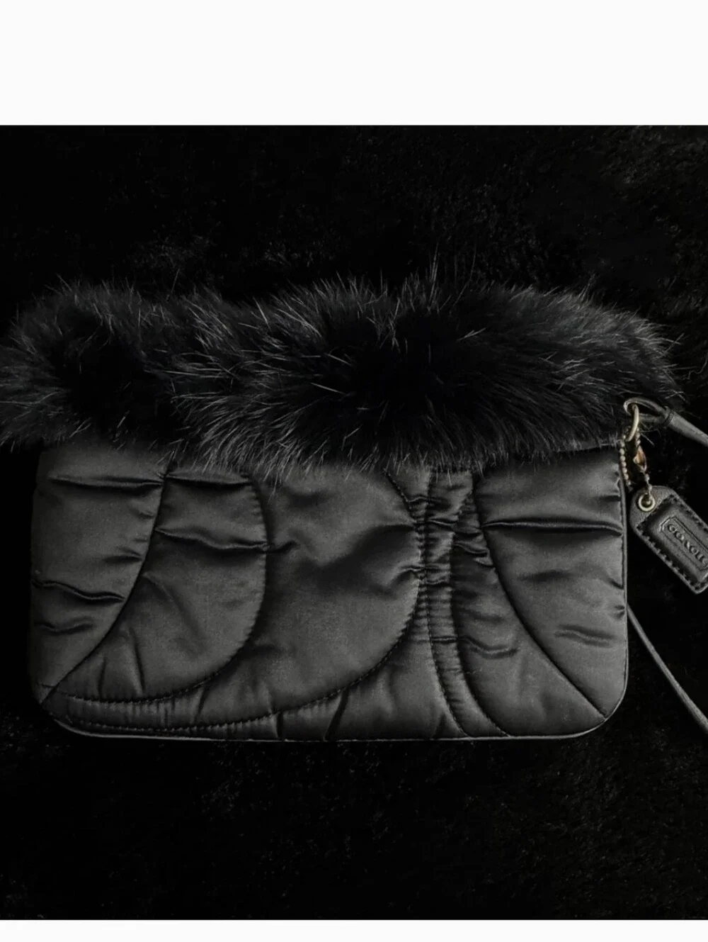 Coach Soho Ski Rabbit Fur Trim Black Quilted Plushy Satin Wristlet with Hangtag